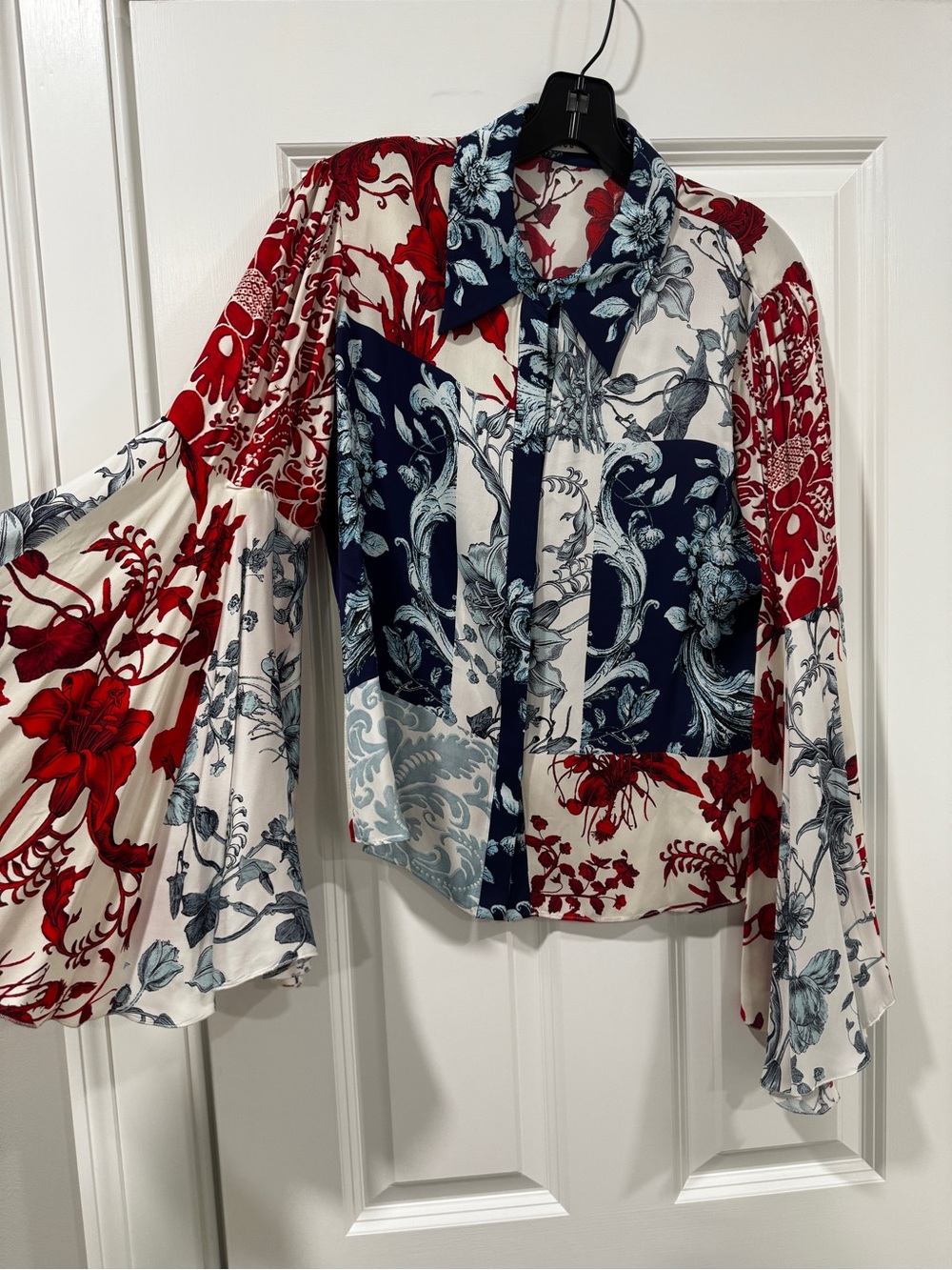 Alice + Olivia Red, Navy & White Floral Patchwork Blouse
